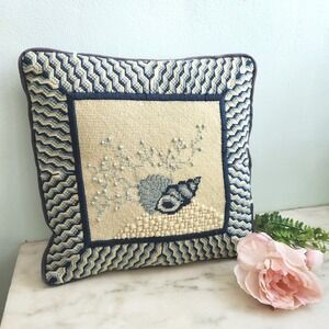 Vintage Handmade Seashell Coral Needlepoint Pillow‎ Blue Cream Wool Embroidered